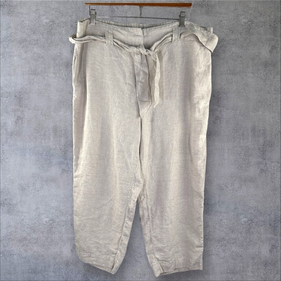 Chicos Size 3 16R Belted Linen Crop Pants Beige Tan Lightweight Breathable Beach - Picture 1 of 12